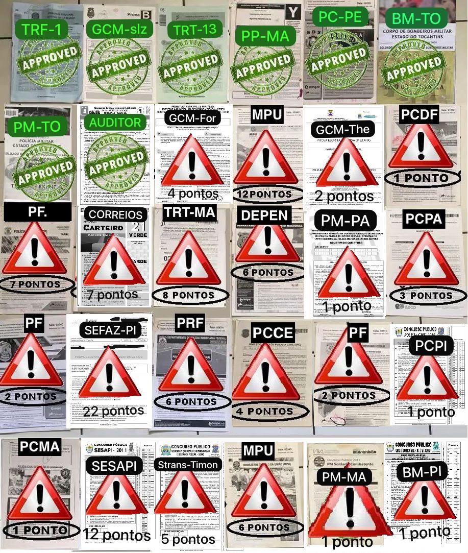 Mosaico com os boletins de resultado de trinta concursos públicos: oito com carimbo de aprovado e vinte e dois marcados com a quantidade de pontos que faltaram.